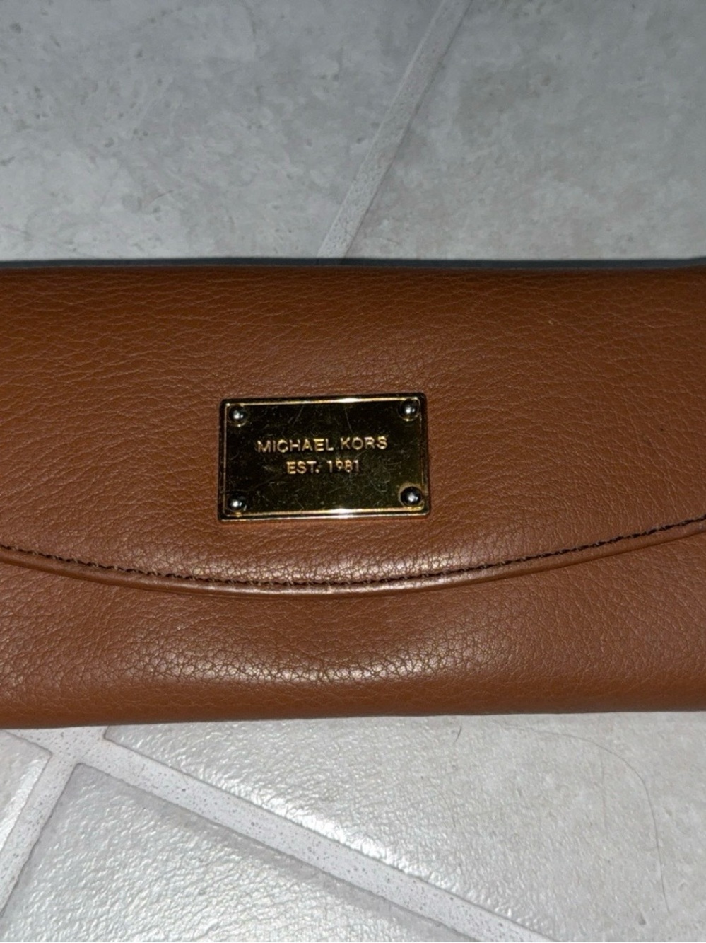 Michael Kors Cognac Pebbled Leather Clutch Wallet with Gold Plaque